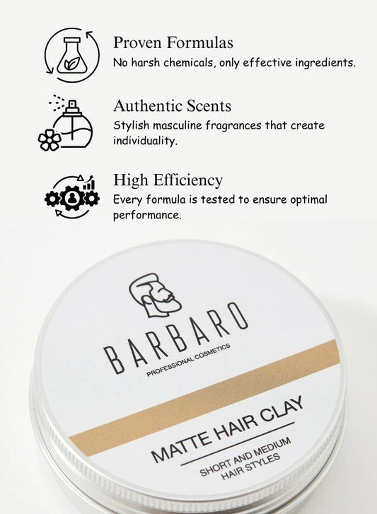 Barbaro Matte Hair Clay for Men, 60 g – Strong Hold Hair Styling Clay with Natural Bentonite, Matte Finish & Volume Boost – Best for Short & Medium Hair - Beauty Blushh