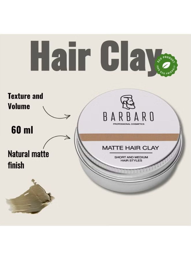 Barbaro Matte Hair Clay for Men, 60 g – Strong Hold Hair Styling Clay with Natural Bentonite, Matte Finish & Volume Boost – Best for Short & Medium Hair - Beauty Blushh