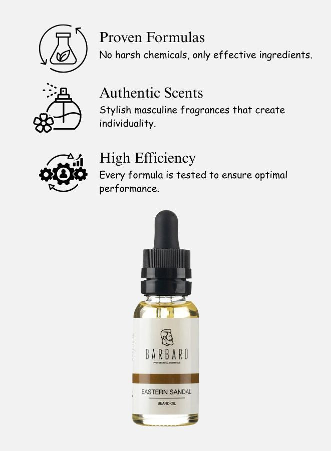 Barbaro Eastern Sandal Beard Oil – Natural Beard Growth & Softening Oil with Macadamia, Argan, Almond & Castor Oils for Nourished Beard & Skin, 30ml - Beauty Blushh