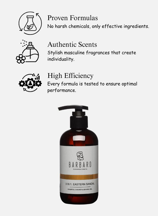 Barbaro 3-in-1 Men’s Shower Gel, Shampoo & Shaving Gel Eastern Sandal – Hydrating Body Wash with Keratin, Sandalwood & Citrus Aroma for All Hair & Skin Types, 250ml - Beauty Blushh