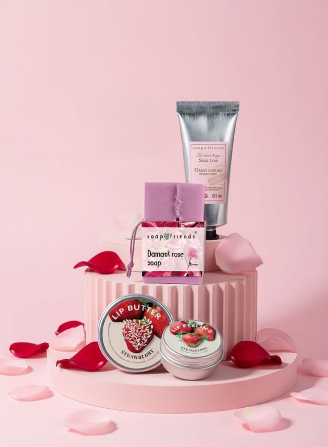 Luxury Rose Bath & Skincare Gift Set – Damask Rose Hand Cream with 20% Organic Shea Butter, Natural Strawberry Lip Balm & Scrub, and Rose Bath Soap - Beauty Blushh