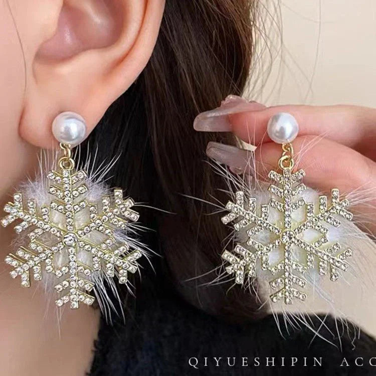Christmas Snowflake Earrings Women's Full Diamond Pearl Plush Earrings - Beauty Blushh