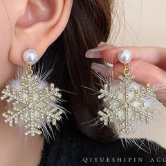 Christmas Snowflake Earrings Women's Full Diamond Pearl Plush Earrings - Beauty Blushh