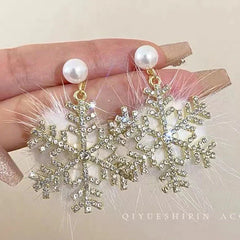 Christmas Snowflake Earrings Women's Full Diamond Pearl Plush Earrings - Beauty Blushh